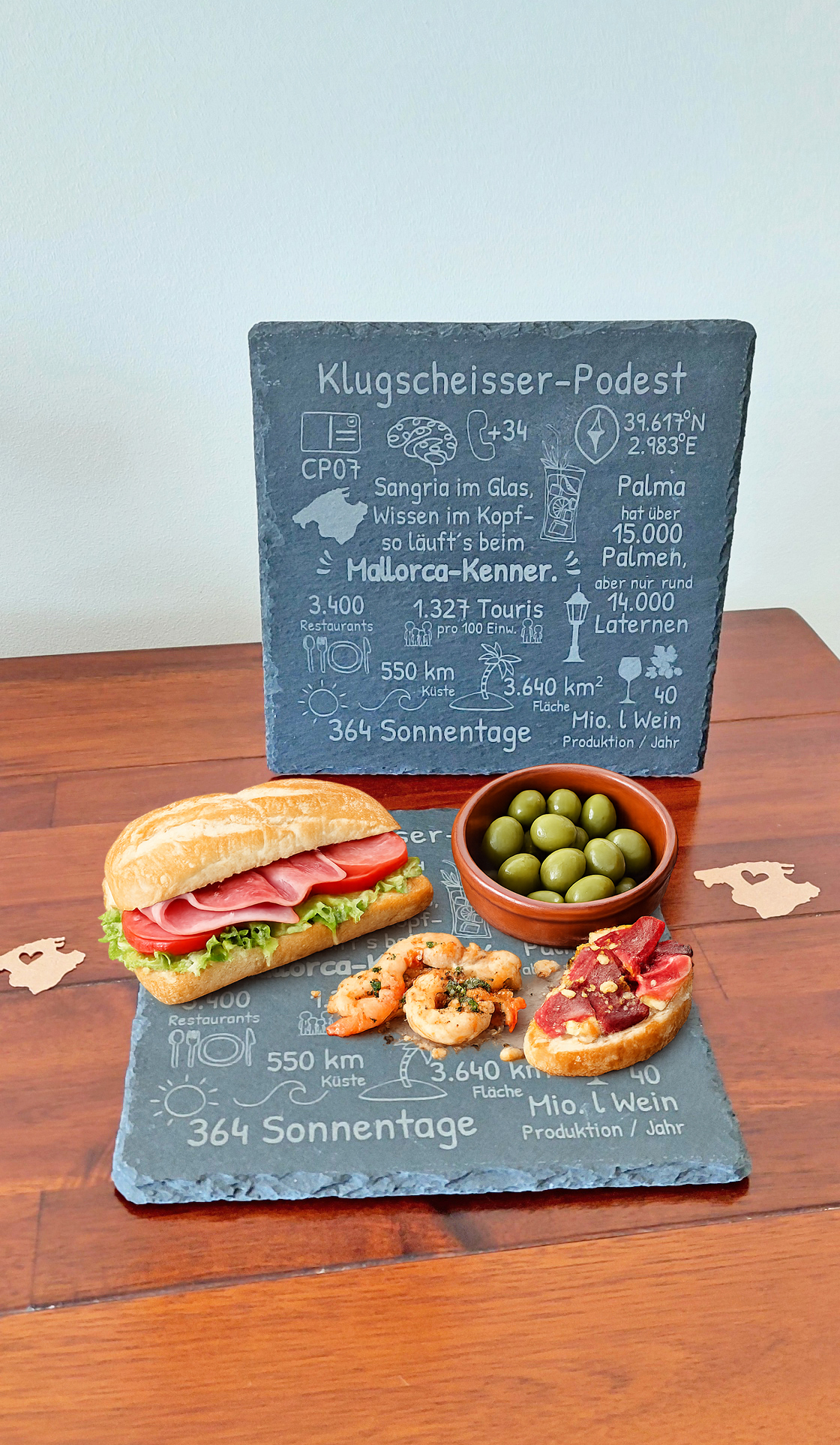 Schieferbrett „Mallorca-Kenner“ – Servieren mit Wissen & Humor